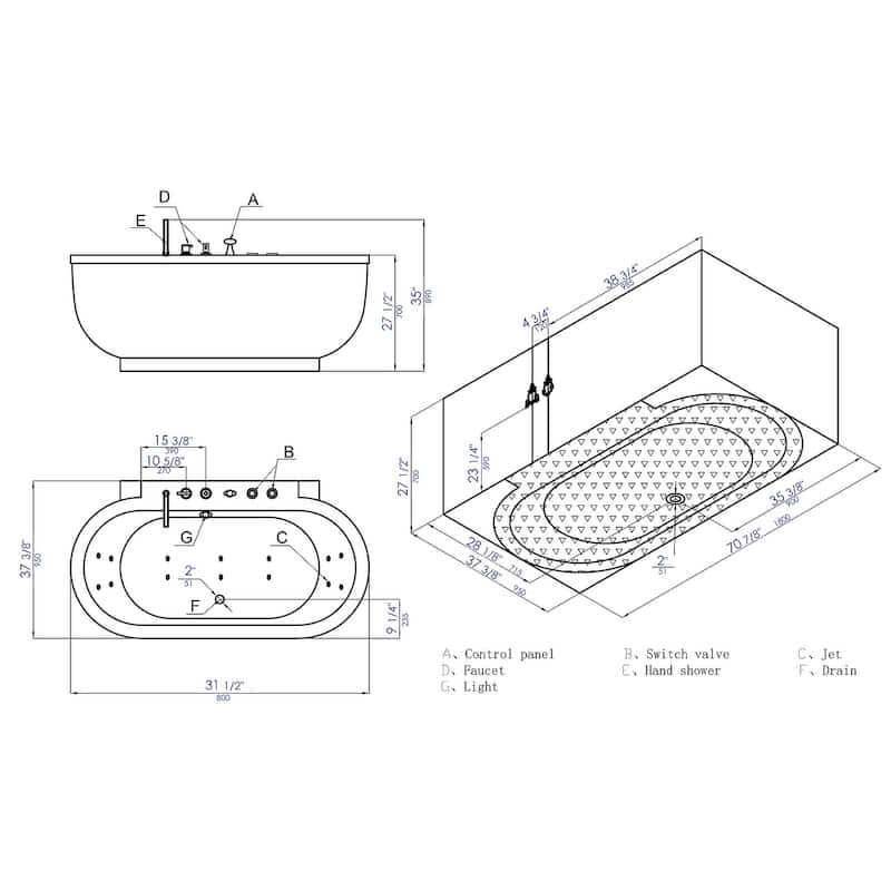 6 ft Acrylic White Whirlpool Bathtub w Fixtures