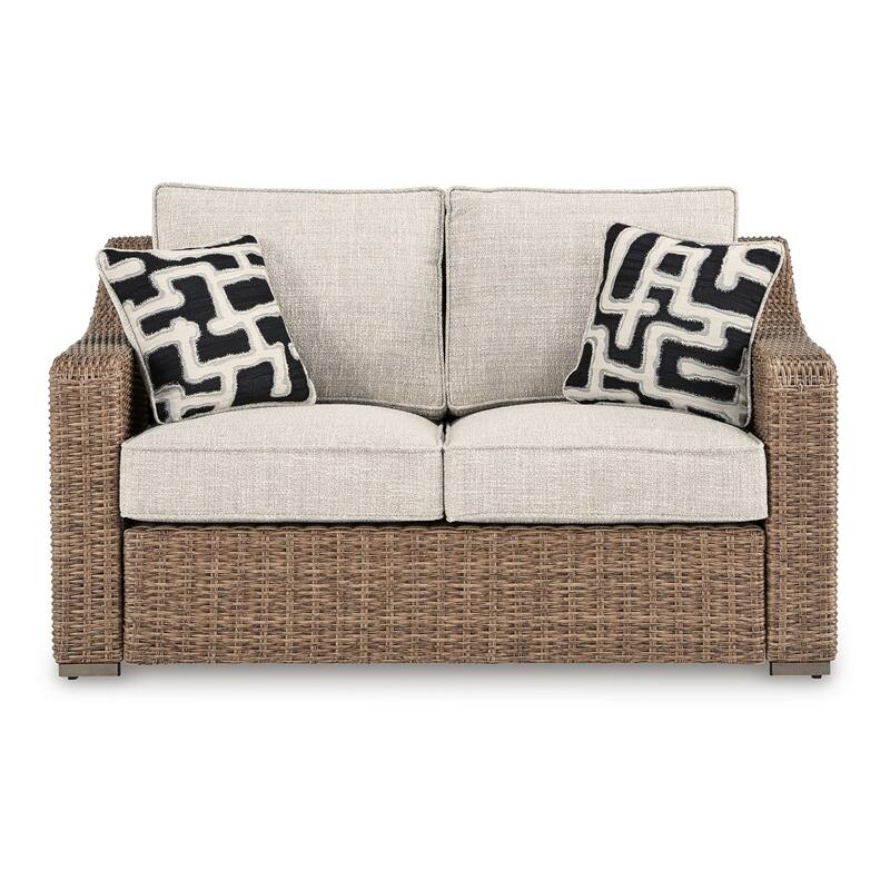 Tira Outdoor Loveseat, 57 Inch Handwoven Resin Wicker, Beige, Pillows