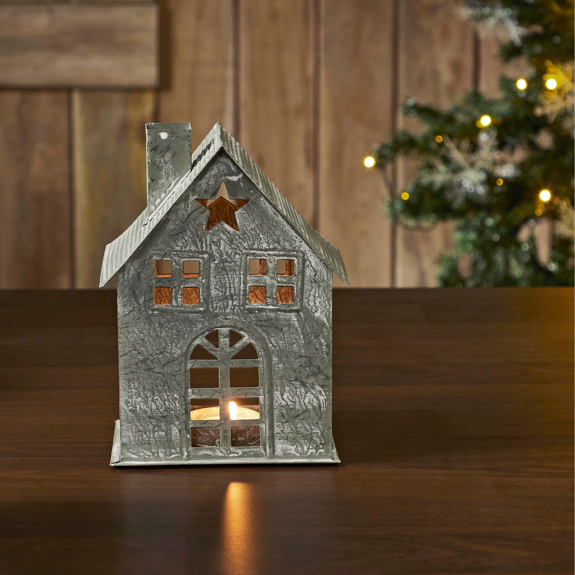 Tealight Holder Metal Village House H Antique Grey 7.25x5.5x4.75