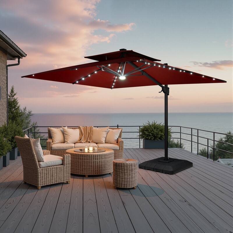 9 x 11 FT Outdoor LED Lighted Patio Cantilever Umbrella with 4-Piece Fillable Weighted Base - Red
