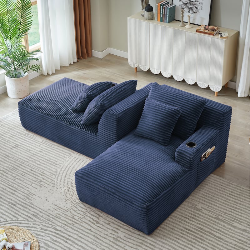 Compressible Double Chaise Lounge With Cupholders - No Assembly Required, Fluffy Modern Sleeper Loveseat