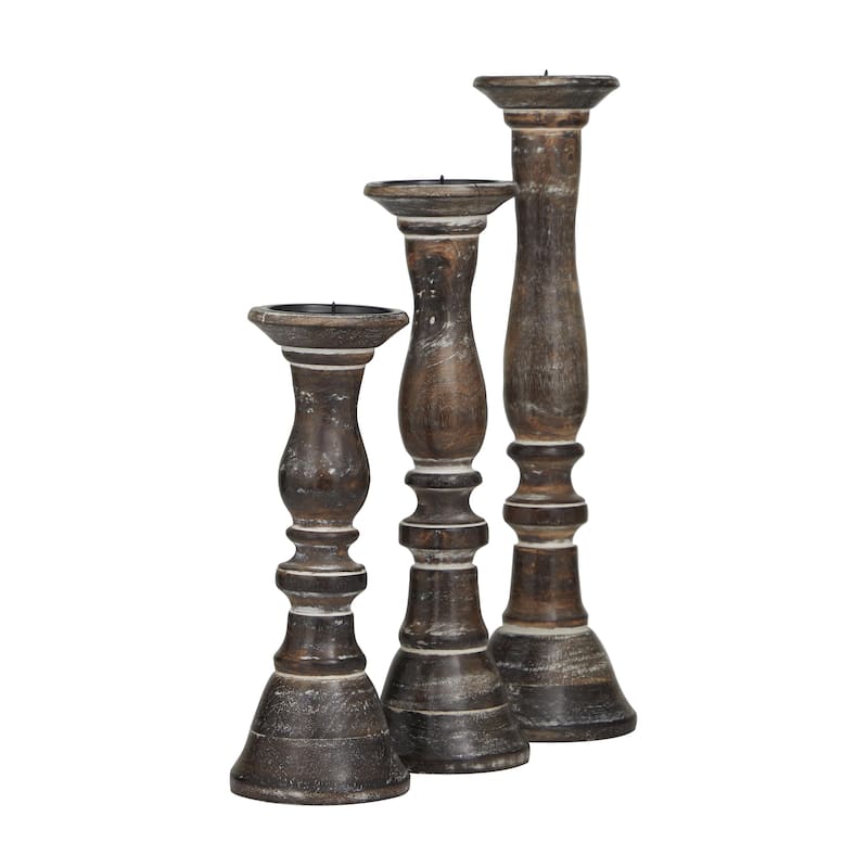 Wood Turned Style Pillar Candle Holder - Set of 3 Black, Gray - Roche River Decor