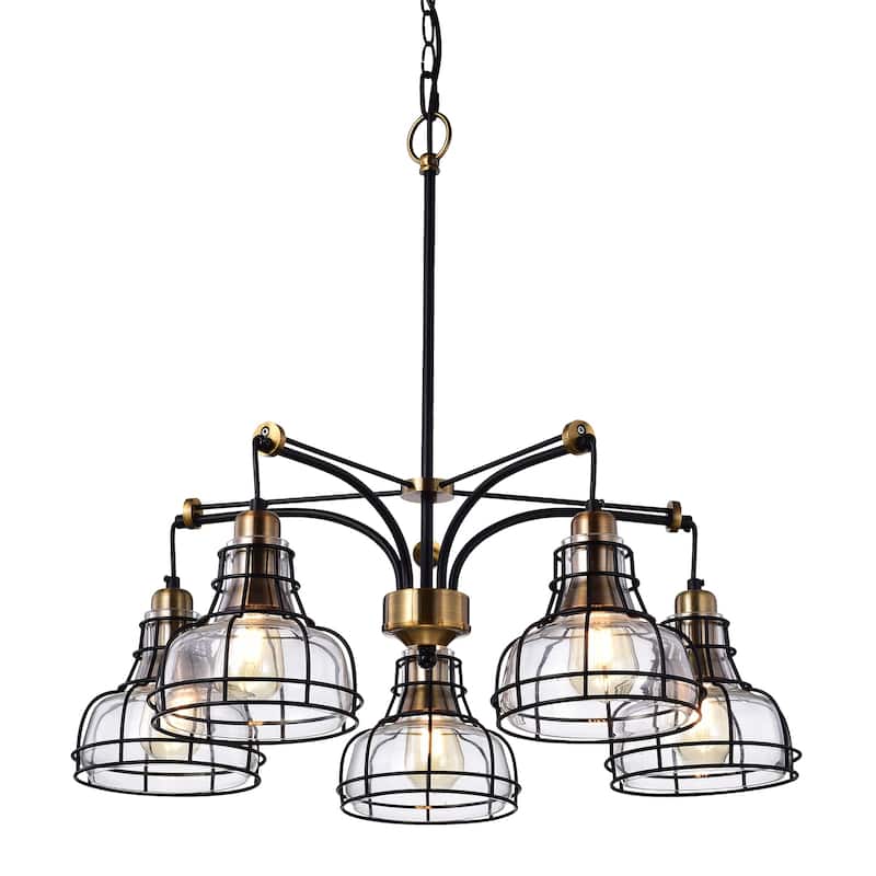 Black and Antique Gold 5-Light Chandelier with Clear Glass Shade