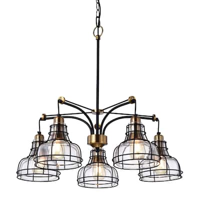 Black and Antique Gold 5-Light Chandelier with Clear Glass Shade