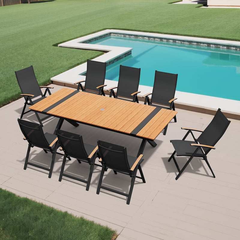 9-Piece Set Outdoor Aluminum Dining Table with Umbrella Hole and Foldable Dining Chairs