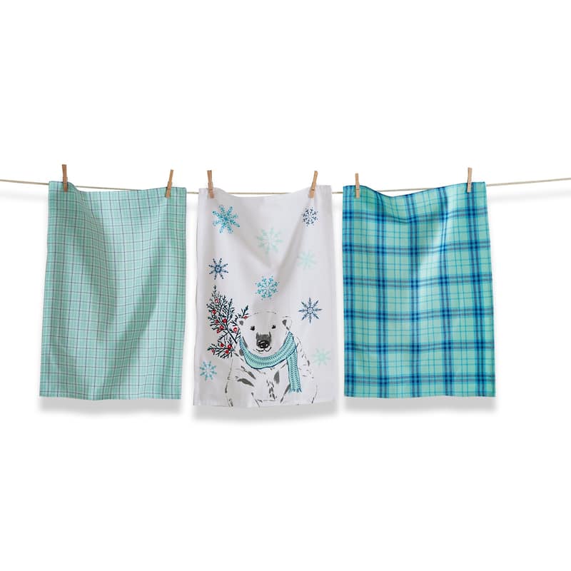 Alpine Glow Bear Dishtowel Set of 3 - Aqua Blue Cotton Kitchen Towels for Christmas - 26 x 18 Inches, Machine Washable