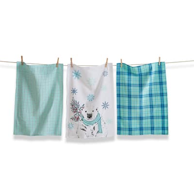 Alpine Glow Bear Dishtowel Set of 3 - Aqua Blue Cotton Kitchen Towels for Christmas - 26 x 18 Inches, Machine Washable