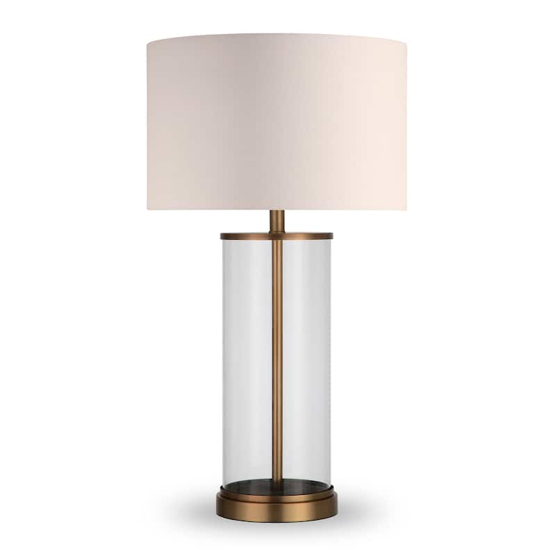 Reeves Cylindrical Clear Glass & Antique Brass Table Lamp with Linen Shade