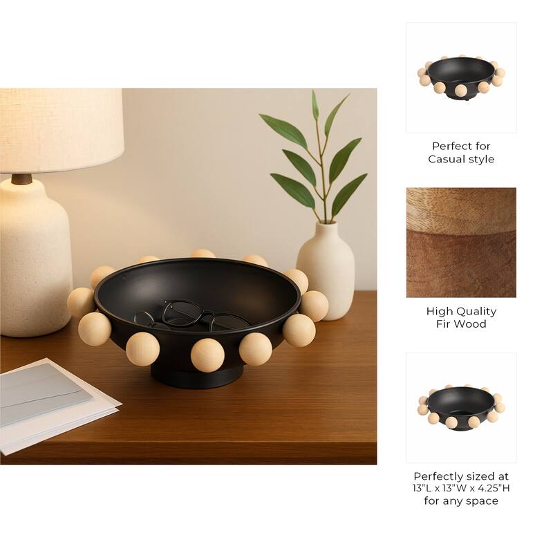 Wood and Metal Decorative Bowl with Fir Sphere Accents - 13" - 13.0"
