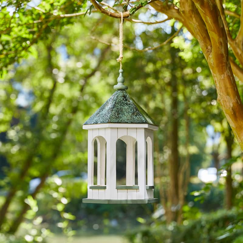 Glitzhome 15.75"H Solid Wood Gazebo Tray Birdfeeder With Metal Roof