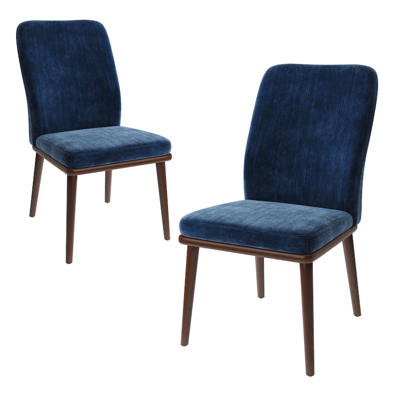 High Back Upholstered Dining Chairs Padded Fabric Kitchen Chairs Solid Wood Legs Restaurant Cafe - Set of 2 - Blue