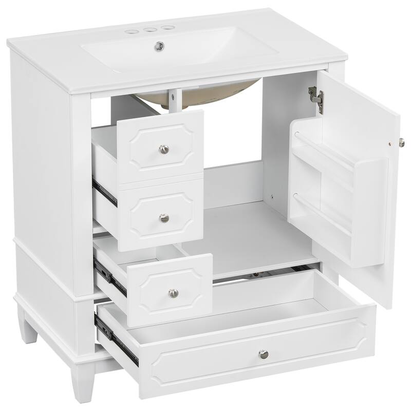 30" Bathroom Vanity With Sink, Freestanding Vanity Cabinet With Ceramic Basin, 3 Drawers, Storage Shelves Included