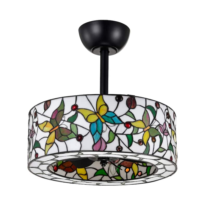 Jorga 6-light Tiffany Glass Fandelier Lighted Ceiling Fan Butterfly Design Remote Control - White-MultiColor
