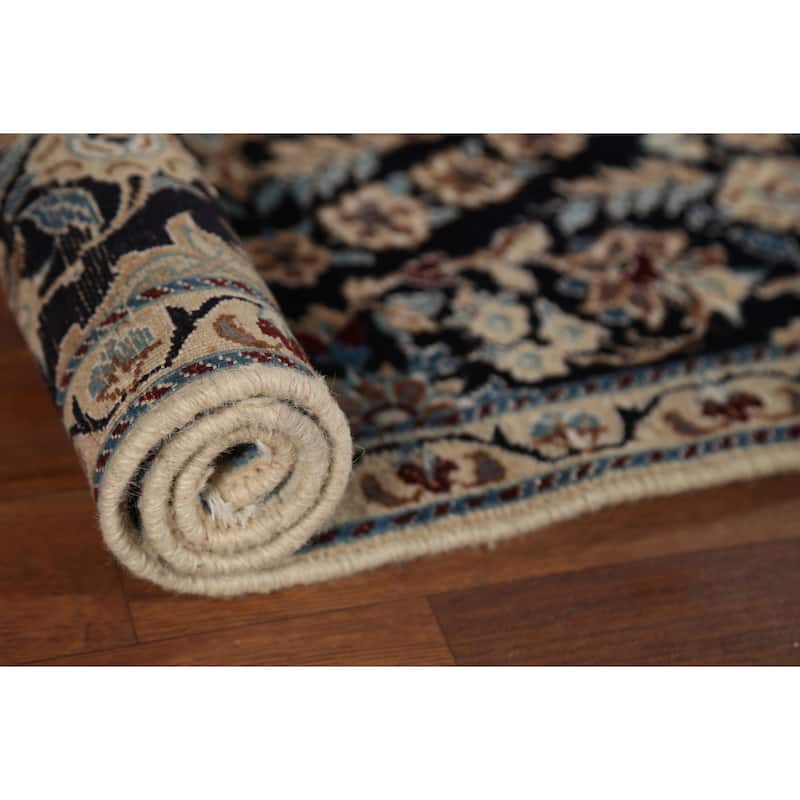 Dark Navy Blue Floral Nain Persian Accent Rug Handmade Wool Carpet - 2'11"x 4'4"