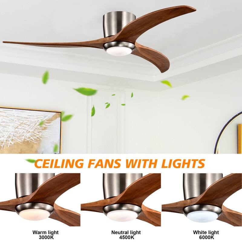52" Ceiling Fan with Light and Remote, Solid Wood Blades, Quiet Reversible Motor, 6-Speed, Flush Mount, Indoor