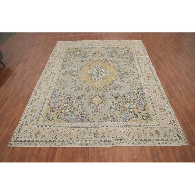 Hand Knotted Oriental 100% Wool Carpet Traditional Floral Greys & Charcoal Tabriz Area Rug - 12' 1'' X 9' 5''