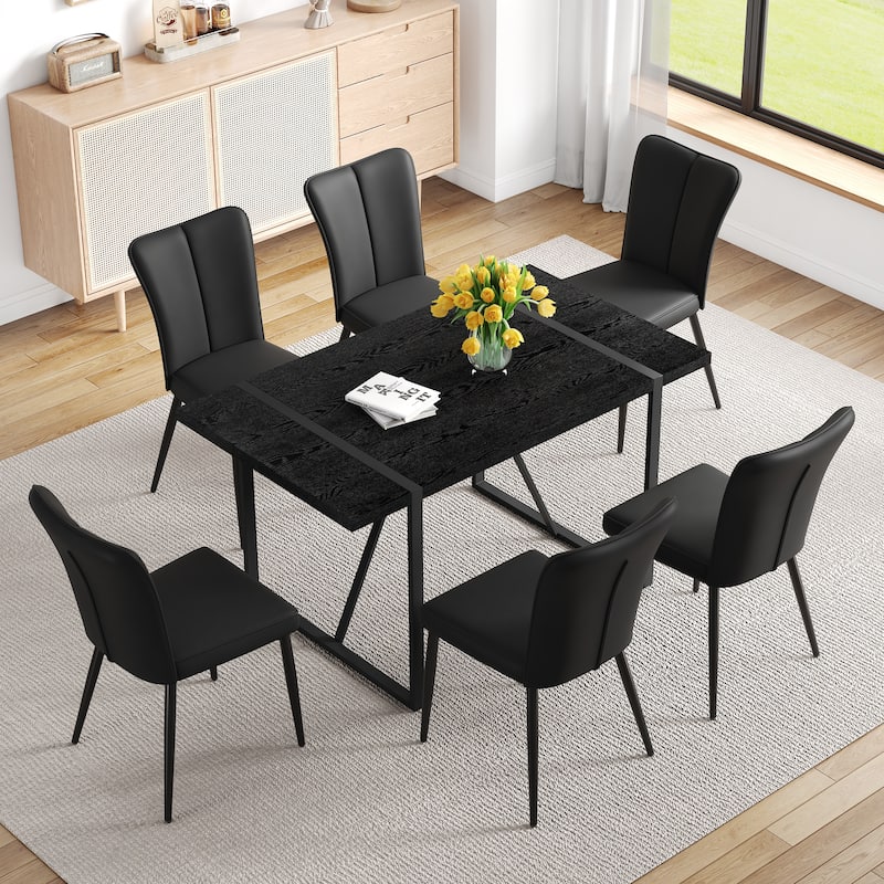 Kitchen Dining Table Set for 4-6 People, Rectangular Wooden Table with Faux Leather Dining Chairs - Black - 7-Piece