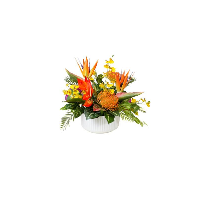 Tropical Artifical Flower Arrangement in Ribbed White Bowl - Orange