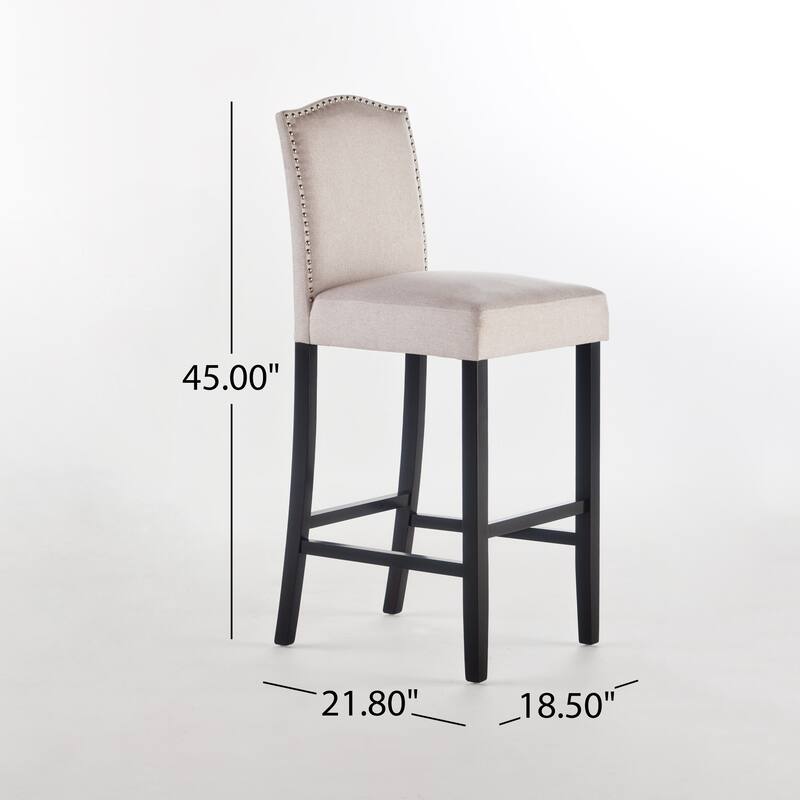 Modern Set of 2 Bar Stools with Leather Cushioned Backrests, Nailhead Trim, Solid Wood Legs for Dining Room Living Room Bar