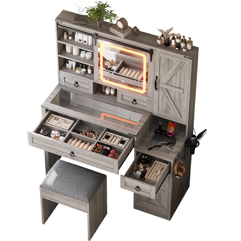 2-Piece Bedroom Makeup Vanity Set with Stool, Farmhouse Glass Top Vanity Desk with Sliding Mirror, Lights and Charging Station