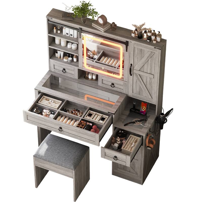 Farmhouse Vanity Desk with Sliding Mirror and Lights, Vanity Set with Glass Top and Charging Station