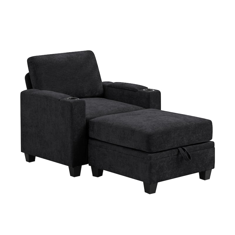 Chenille Sectional Sofa, Hidden Storage & Modular Design - Single Seat & 1 Ottoman - Black