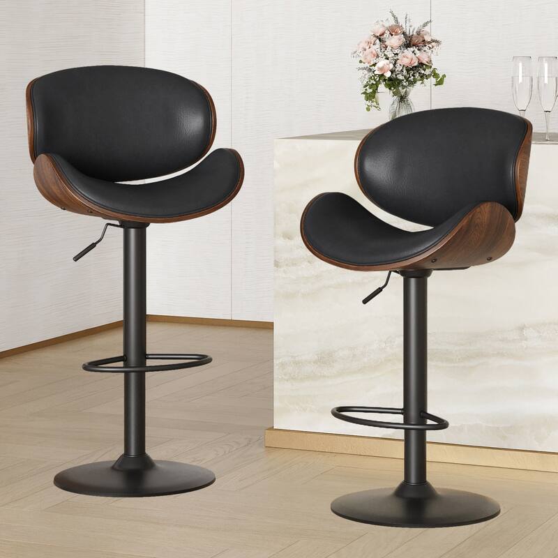 Swivel Bar Stools Set of 2, Adjustable Height Bentwood Barstools with PU Leather Upholstered Seat, Backrest and Footrest - Black
