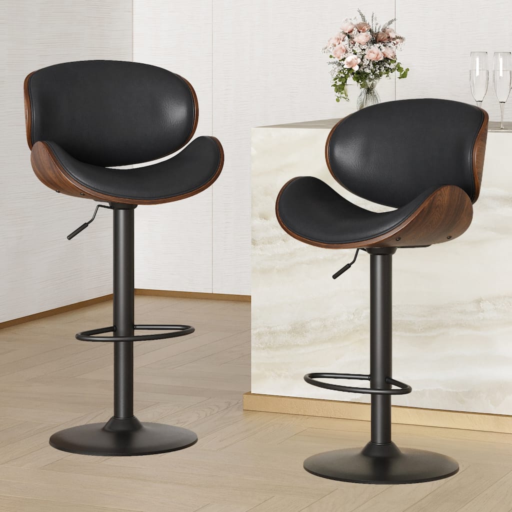 Swivel Bar Stools Set of 2 Adjustable Height Bentwood Barstools with PU Leather Upholstered Seat