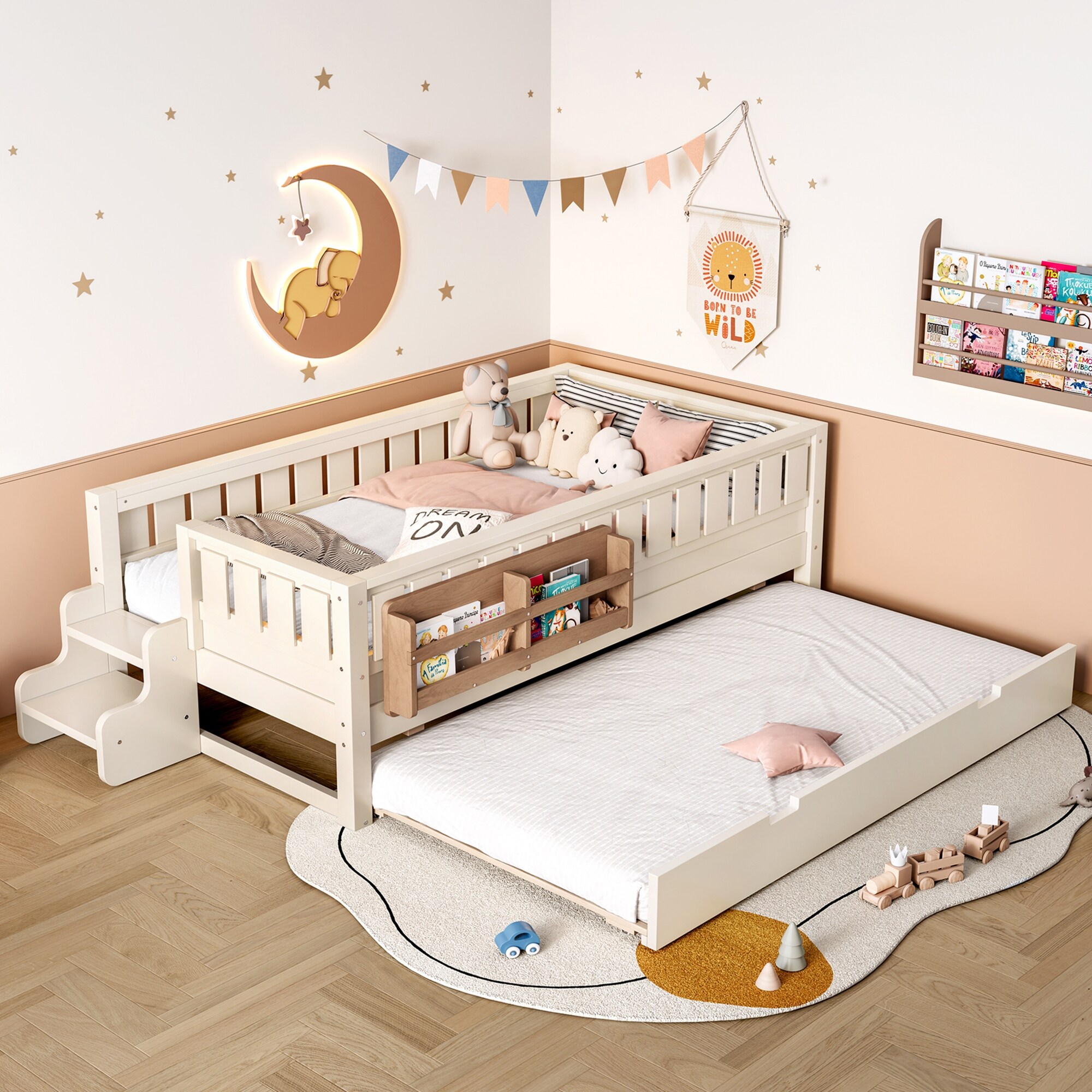 Full/Twin Loft Bed with Bookshelves, Safety Stairs & Trundle