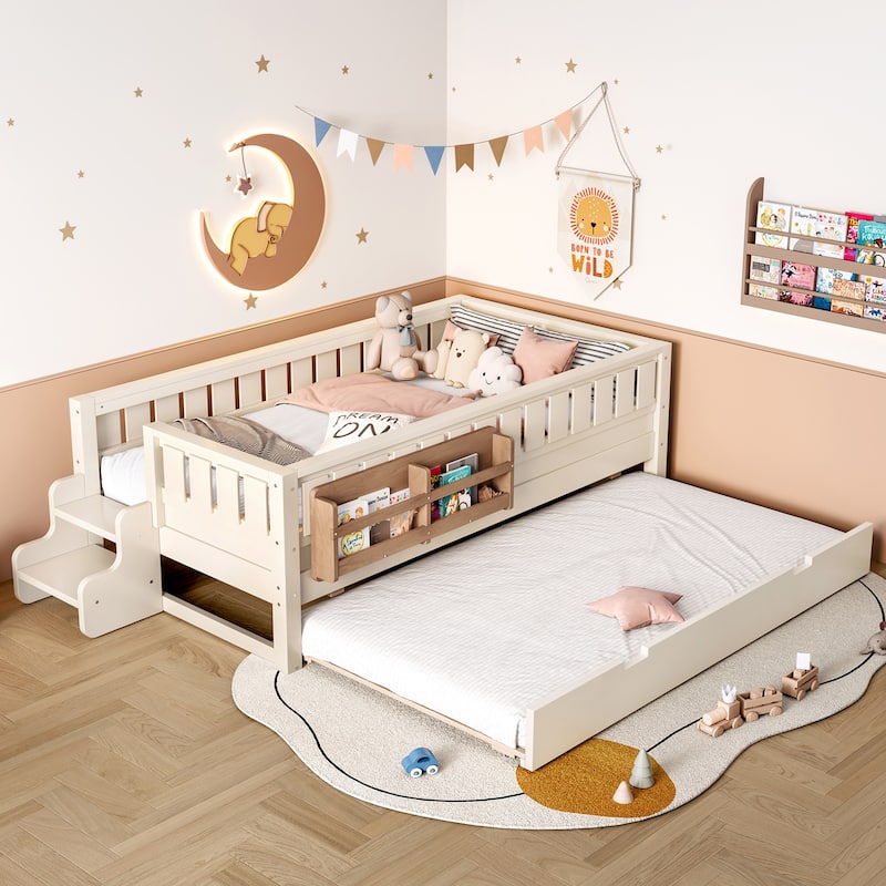 Full/Twin Loft Bed with Bookshelves, Safety Stairs & Trundle - Beige - Twin