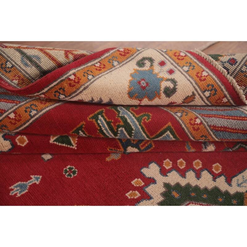 Geometric Red Kazak Area Rug Handmade Oriental Wool Carpet - 6'6" x 9'10"