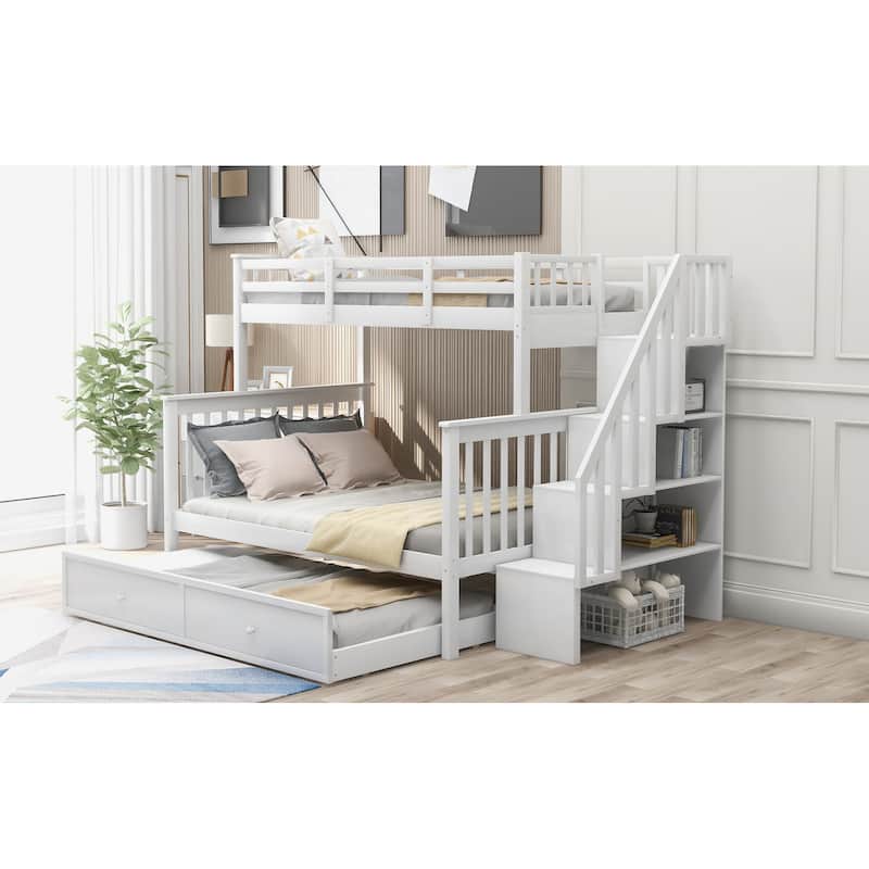 White Stairway Twin-Over-Full Bunk Bed with Trundle and Storage