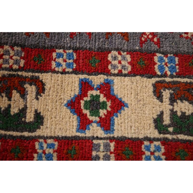 Geometric Grey Kazak Foyer Rug Hand-Knotted Wool Carpet - 2'8" x 3'11"