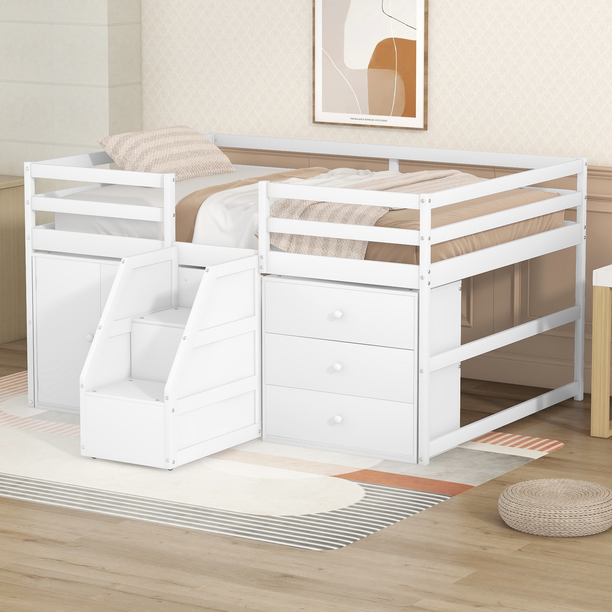 Full size low loft bed with outlet storage
