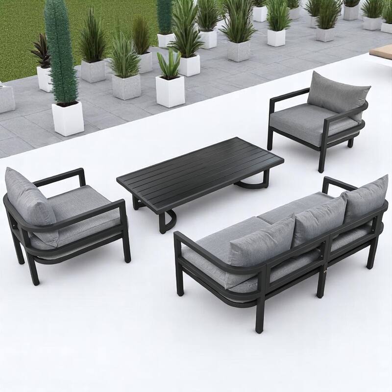 4-Piece Outdoor Patio Furniture Set with Acacia Wood Coffee Table, Steel Frame Sofa Set with Cushions, Curved Backrest