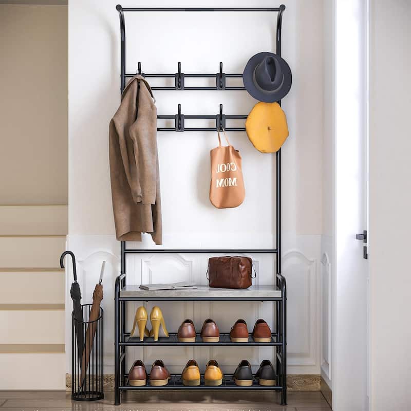 Narrow Hall Tree Storage Bench for Entryway, Coat Rack Shoe Bench - Grey