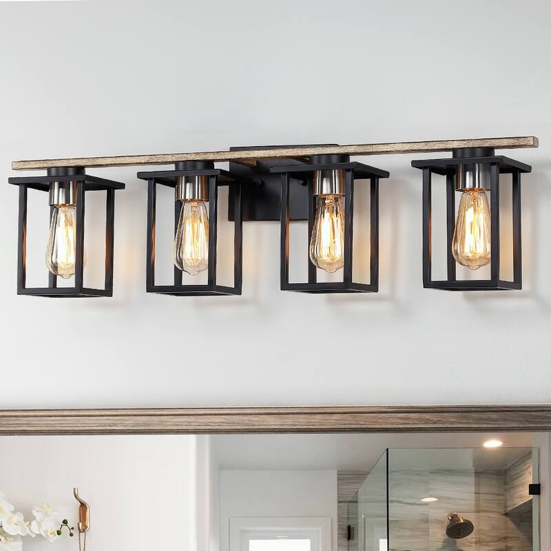 Matt Black/Wood Tone Rustic Farmhouse Bathroom Vanity Light with Open Cage Shades