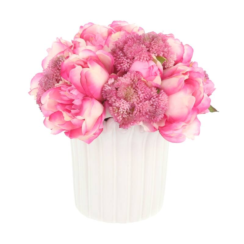 Peonies and Sedum in Ceramic Vase - 10