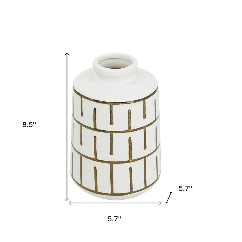 9" Ivory And Gold Geometric Round Ceramic Table Vase - 5.70