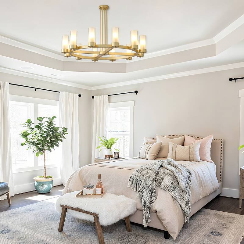 12 - Light Modern Round Chandelier with Frosted Glass Cylinder Shades