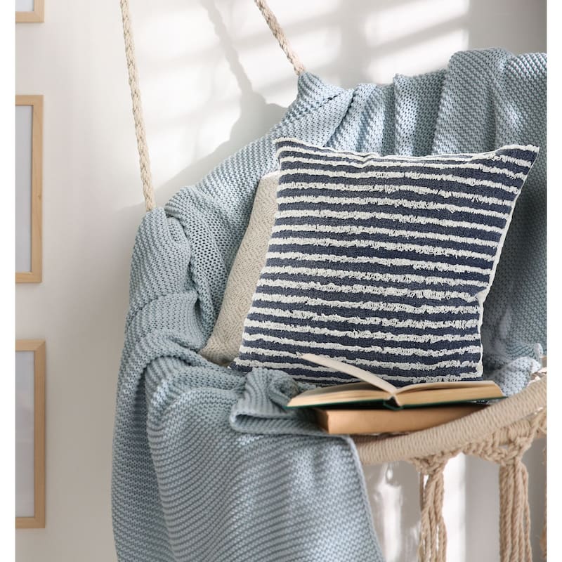 20" Blue and White Tufted Horizontal Stripes Square Throw Pillow