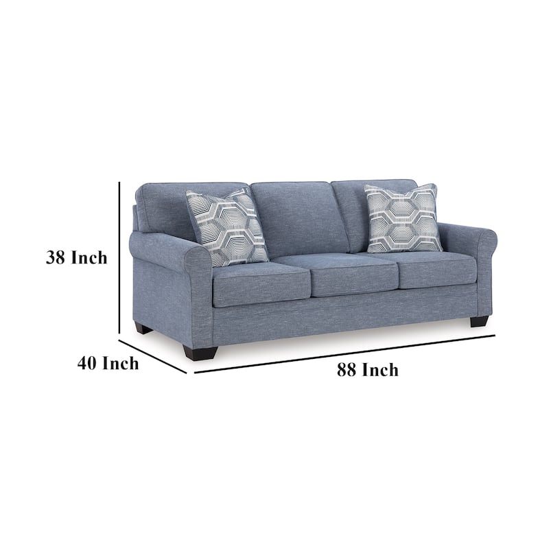 Sano Sofa, Denim Blue Polyester, 2 Accent Throw Pillows, 88 Inch