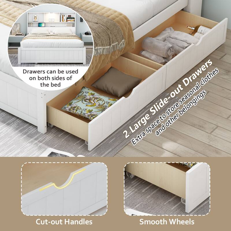 Wood Platform Bed Frame with Built-In Night Light/Charging Station/Open Bookcase Headboard/and 2 Side Drawers/Wood Slats Support