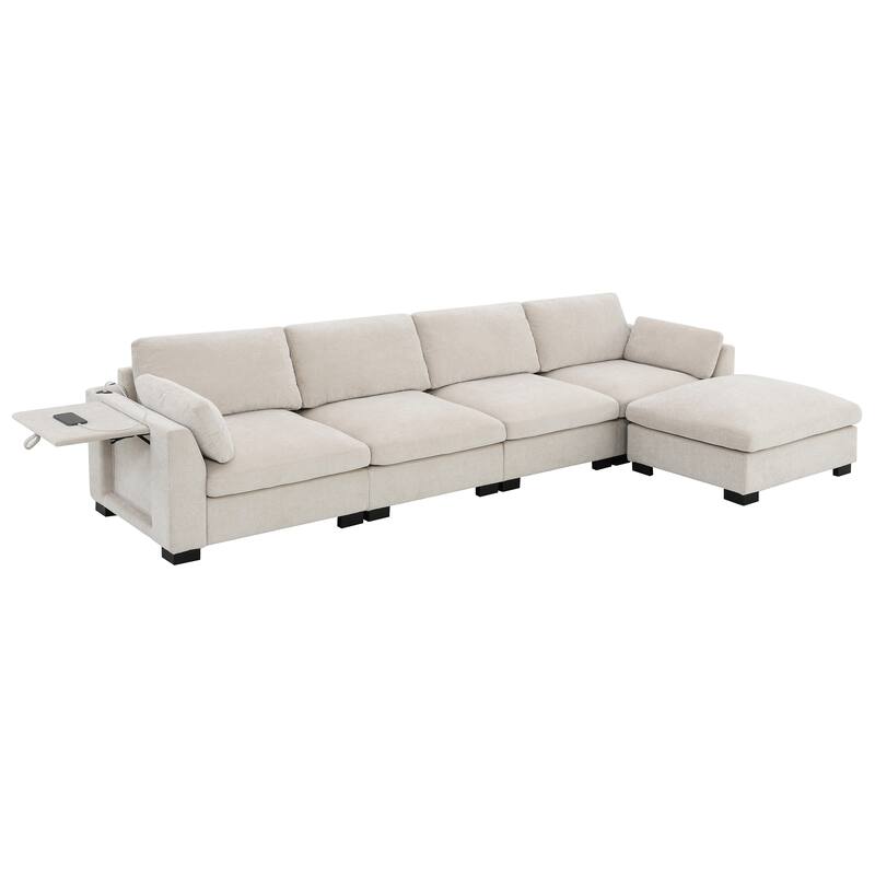 L-Shape Sectional Sofa with Folding Table, Dual-Port Charging, Side Pockets, 2 Pillows, Movable Ottoman, Chenille Modular Sofa
