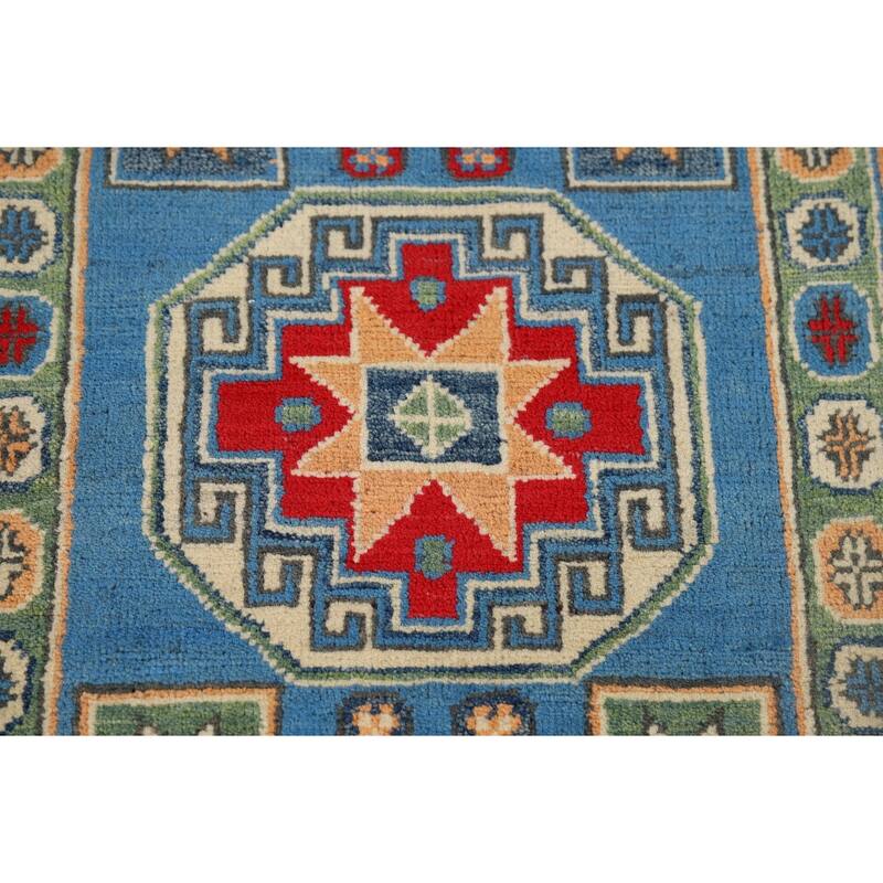 Blue Geometric Kazak Runner Rug Hand-Knotted Oriental Wool Carpet - 2'8" x 9'6"
