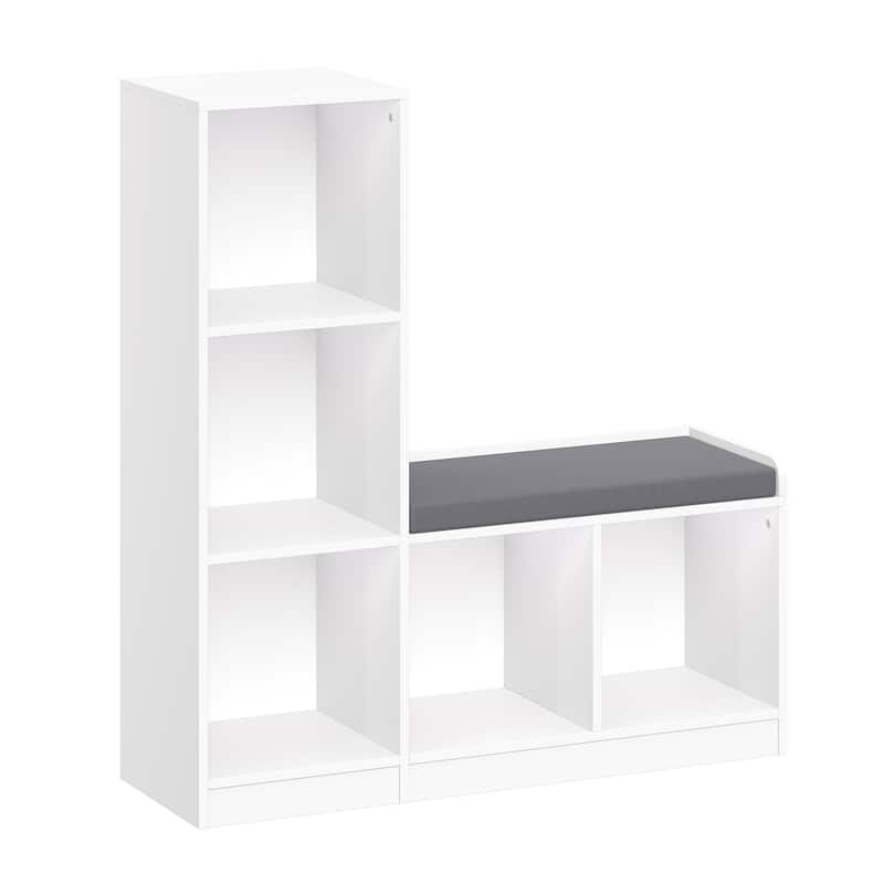 RiverRidge Kids Cubby Storage Organizer Bench with 5 Toy Storage Shelves and Cushioned Seat for Playroom Storage - White
