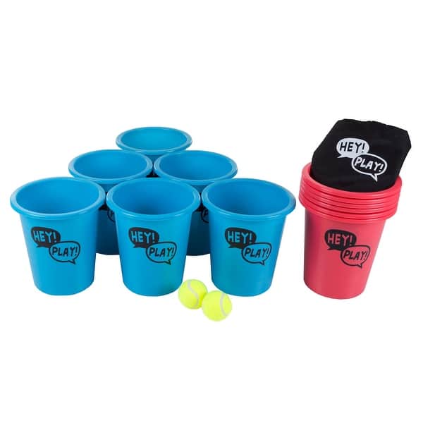 slide 2 of 7, Giant Yard Pong Outdoor Game Set for the Whole Family – 12 Buckets, 2 Balls, and Carrying Tote by Hey! Play! Red/Blue