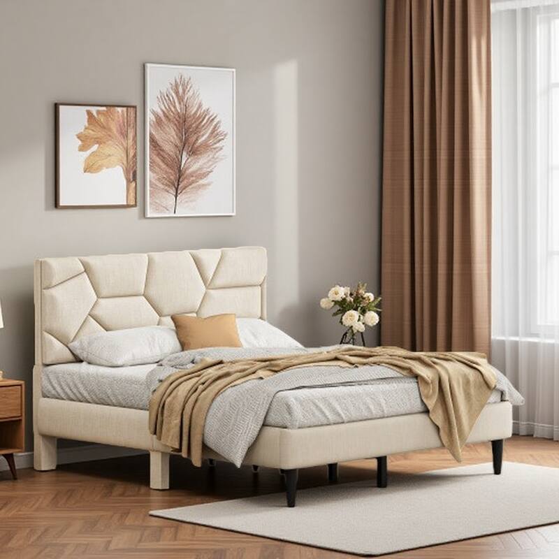 Full Size Bed Frame with Linen Storage Headboard, Sturdy & Stable, No Box Spring Needed, Noise-Free, Beige - Queen Beige - Queen