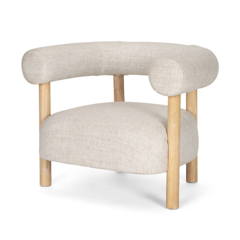HomeRoots 31" Cream and Natural Linen and Solid Wood Barrel Chair - 30.71 in. x 28.35 in. x 37.40 in.
