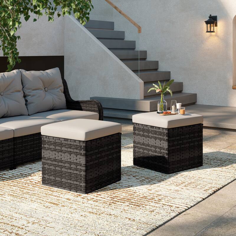 Outdoor Wicker Square Storage Ottoman with Plush Cushion(Set of 2)